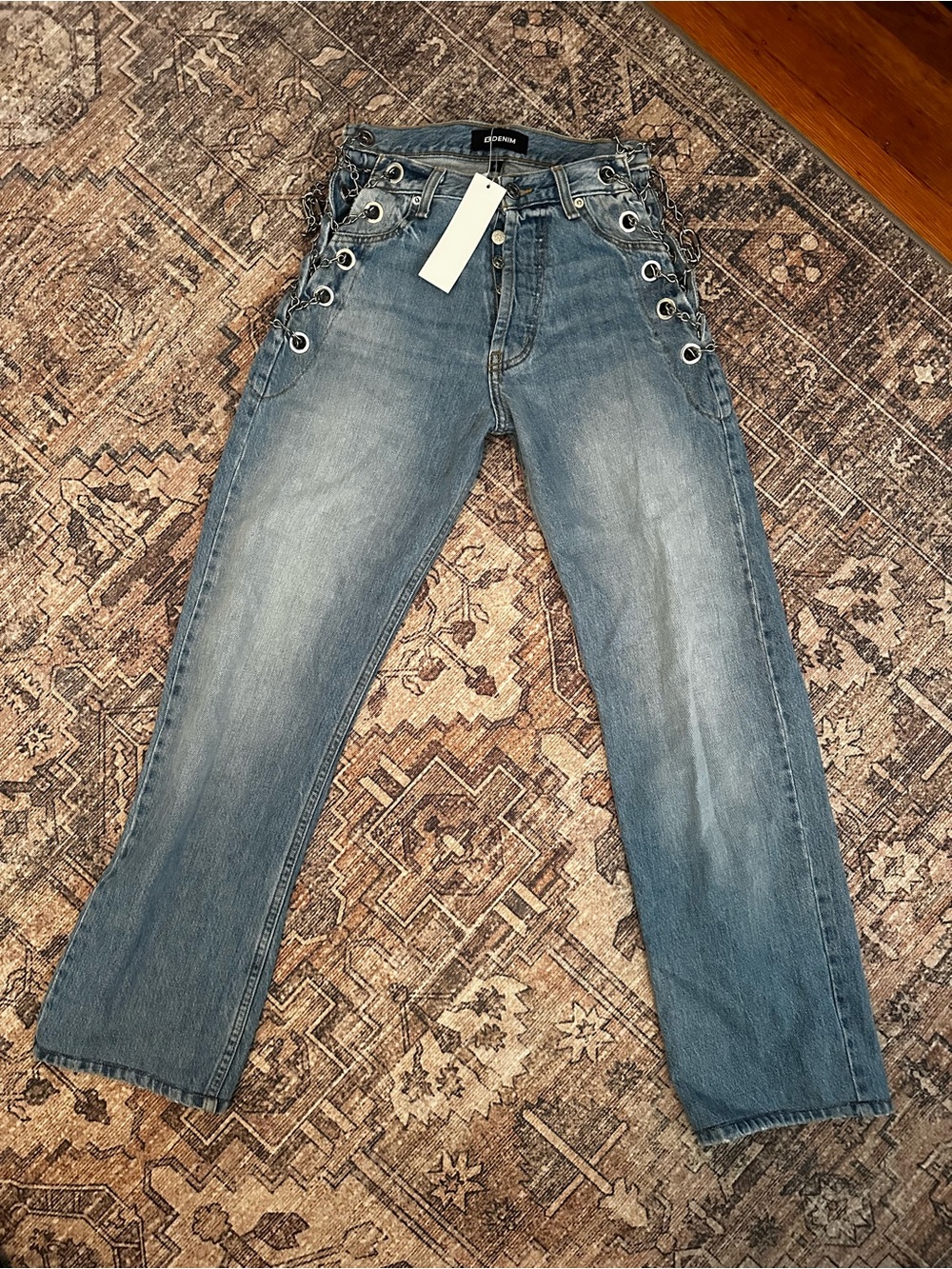 EB Denim women’s  Light Blue Straight Jeans with Lace-Up Grommet Detail
